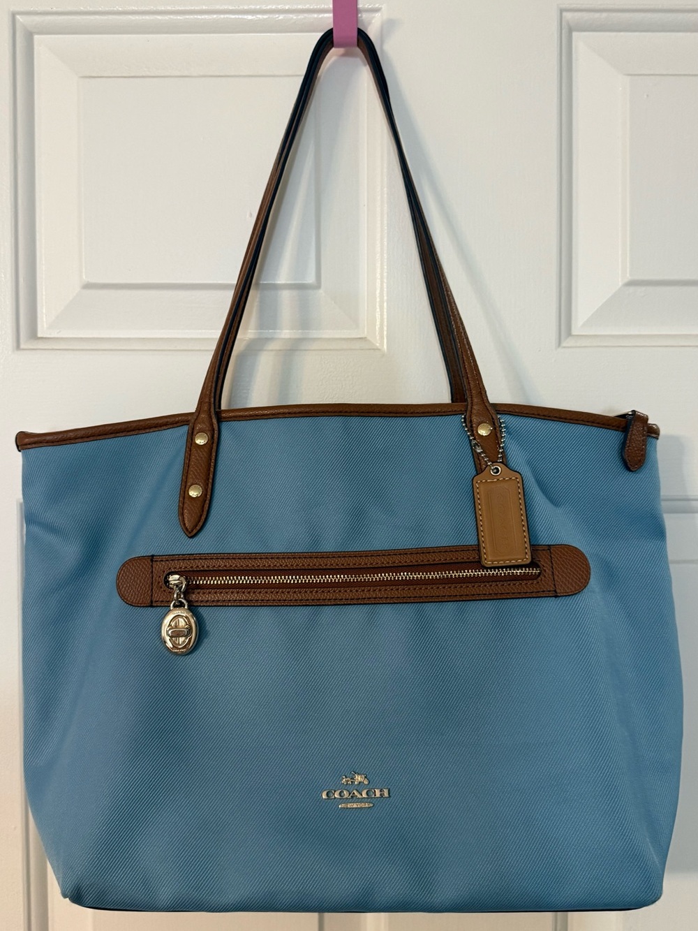 Coach Blue Canvas Tote with Brown Leather Trim